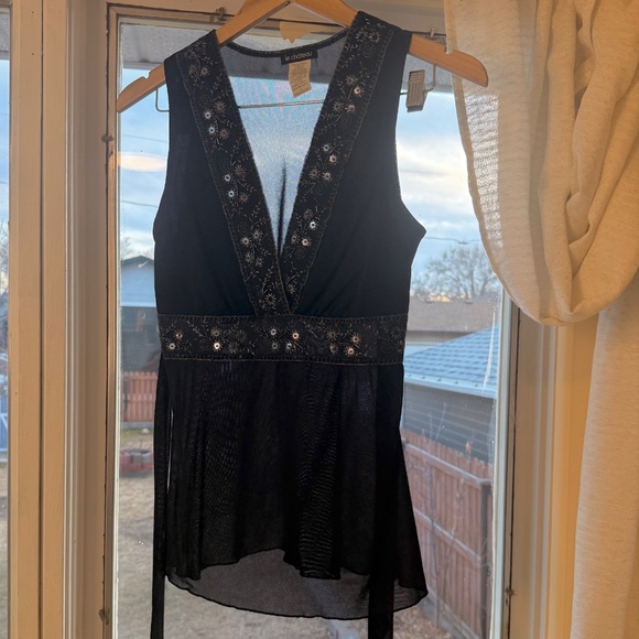 Y2K Black Sleeveless Embroidered Bead Sequin V-Neck Tie Waist Top - Picture 7 of 8